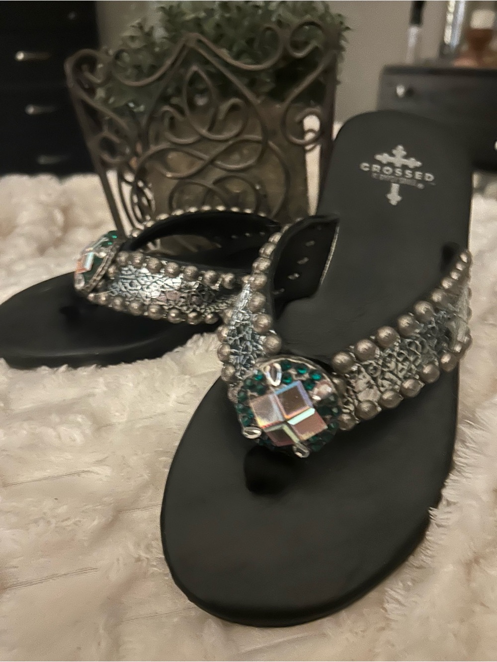 Crossed by Gypsy Soule Embellished Black Flip Flop Sandals Silver Jeweled Accent